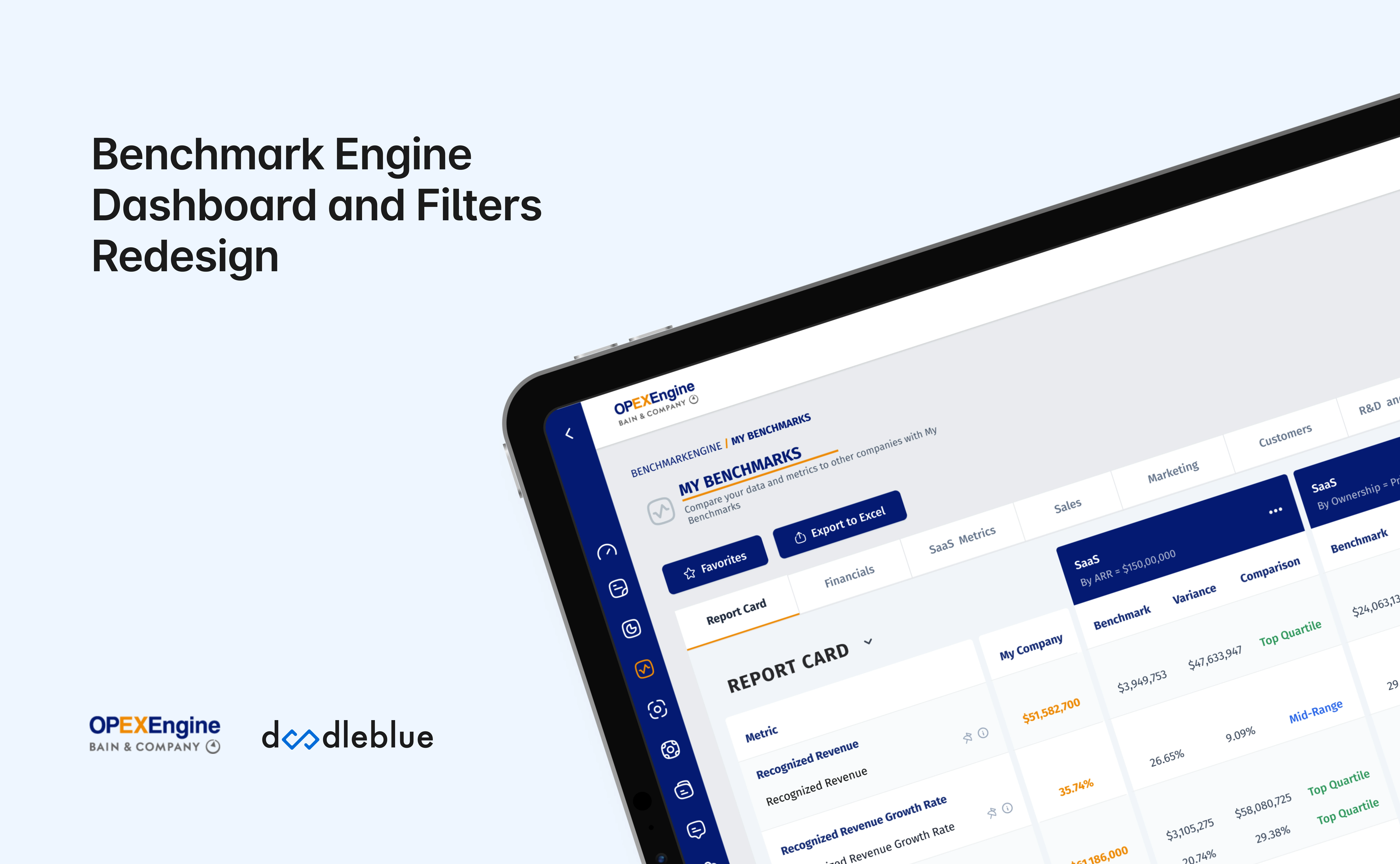 Benchmark Engine dashboard and filters redesign shown on a tablet