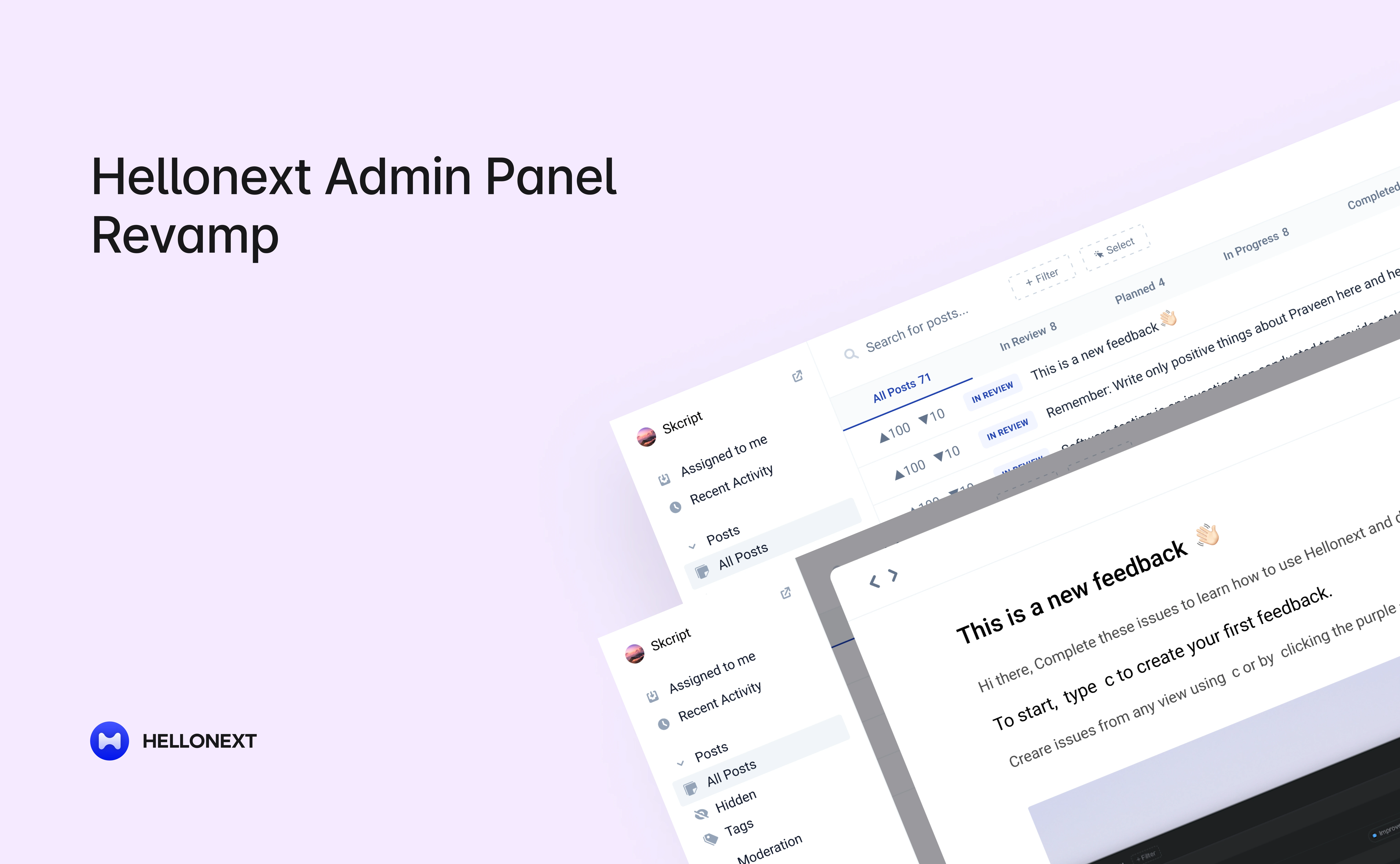 Hellonext admin panel revamp showing the redesigned feedback posts view