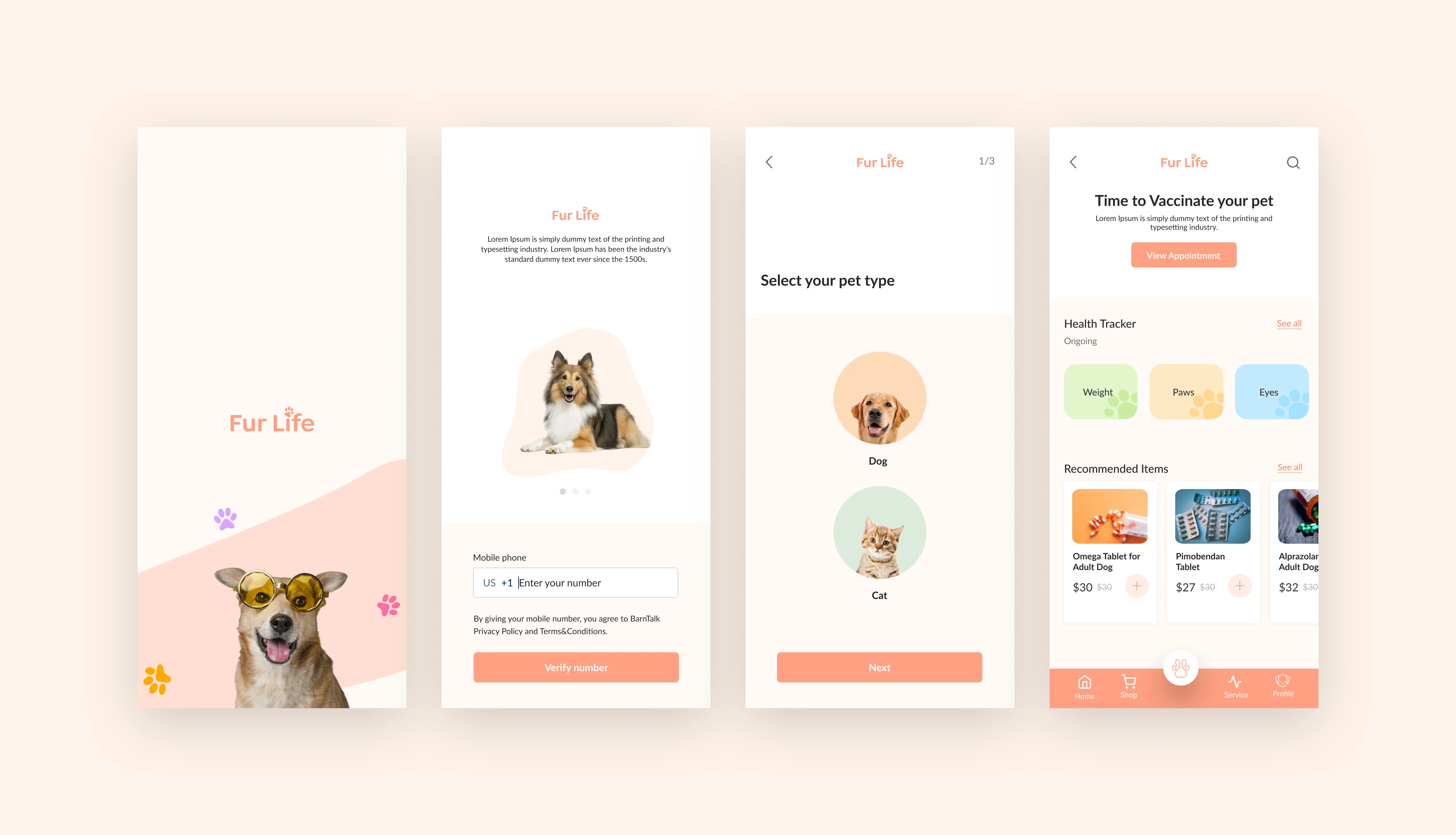 Fur Life pet care app screens
