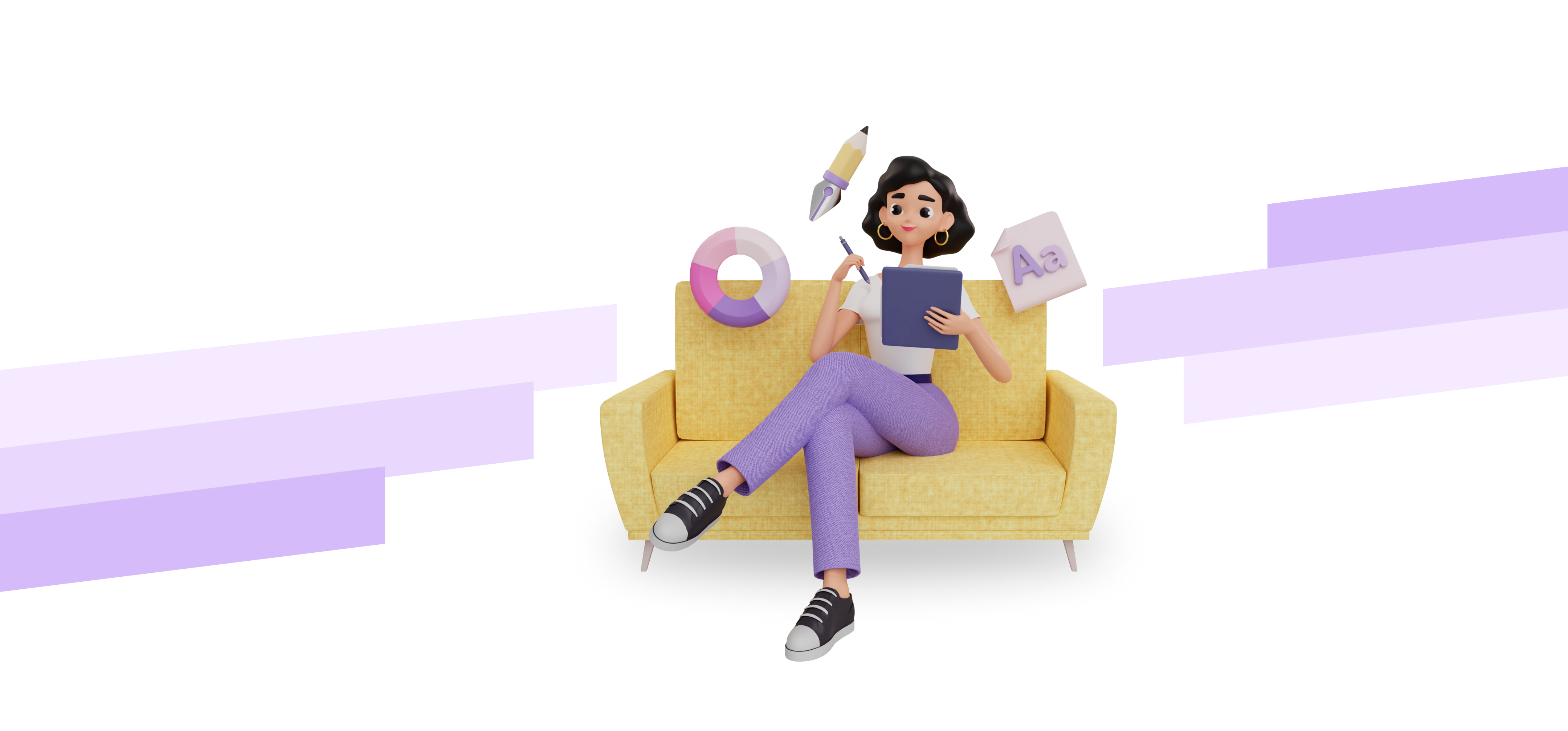 3D illustration of Roshni sketching on a yellow sofa, surrounded by design tools