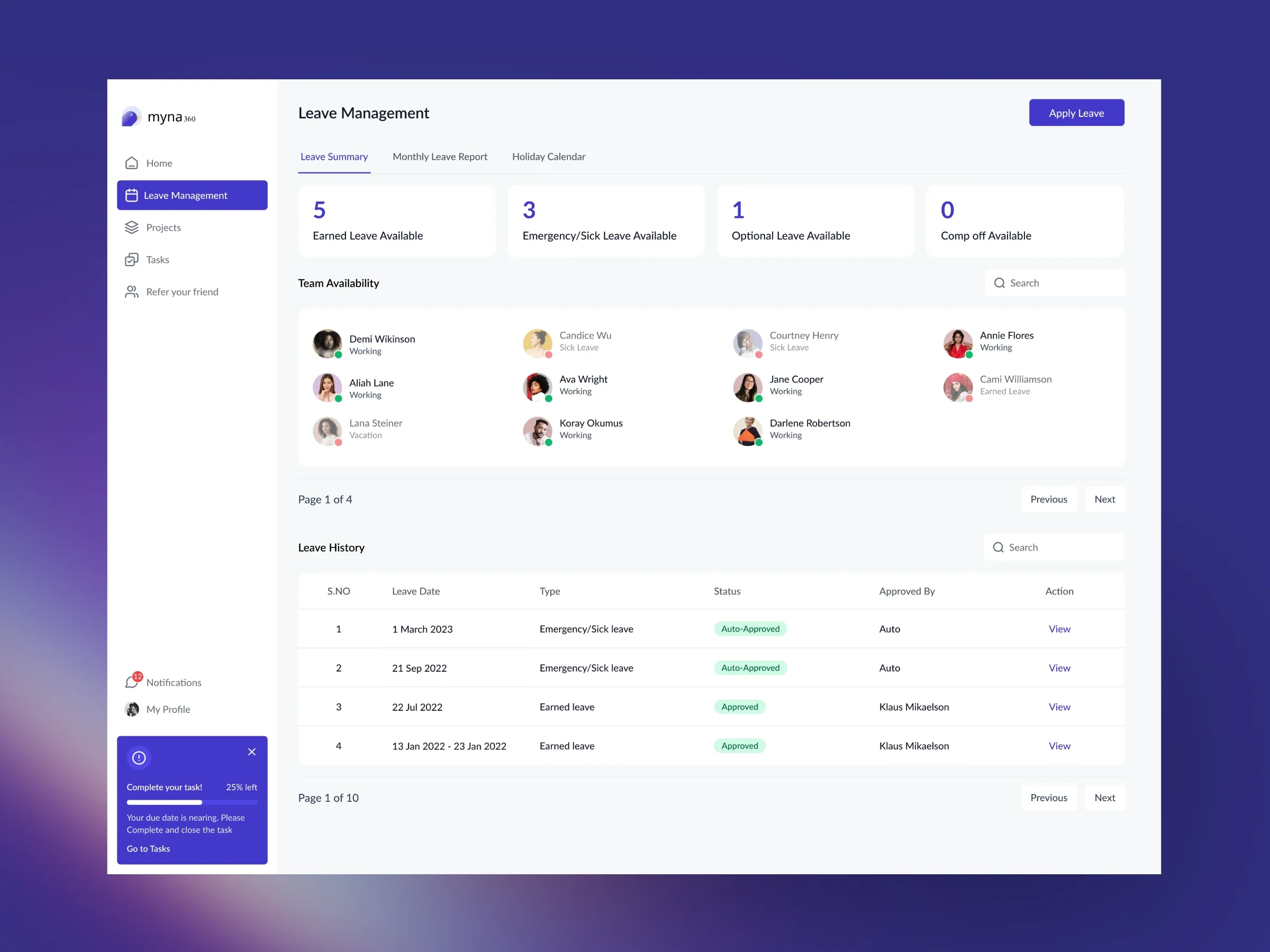 Leave management app UI design