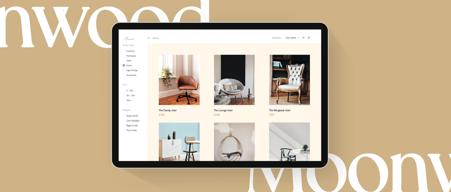 Moonwood furniture store app on a tablet