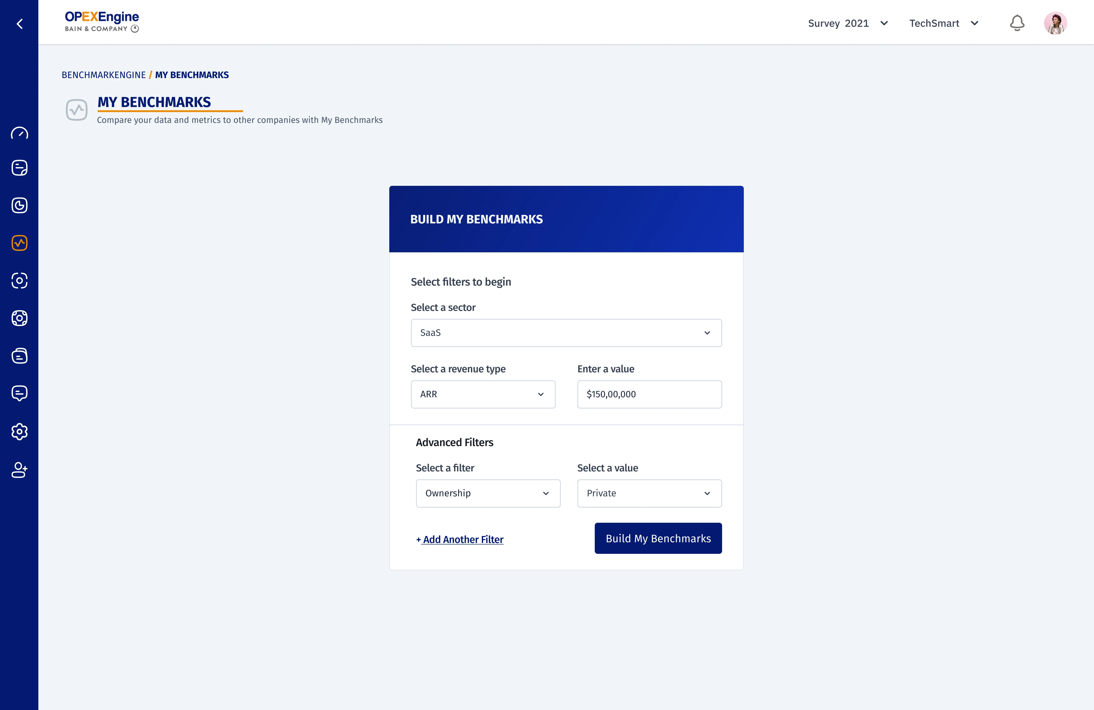 Redesigned OPEX Engine benchmark filter panel