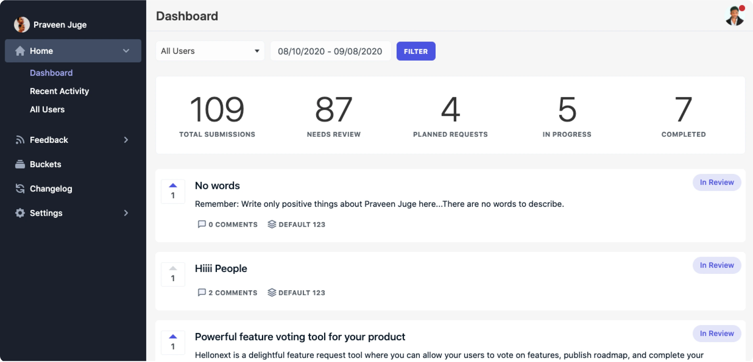 Dashboard page of the old Hellonext admin panel