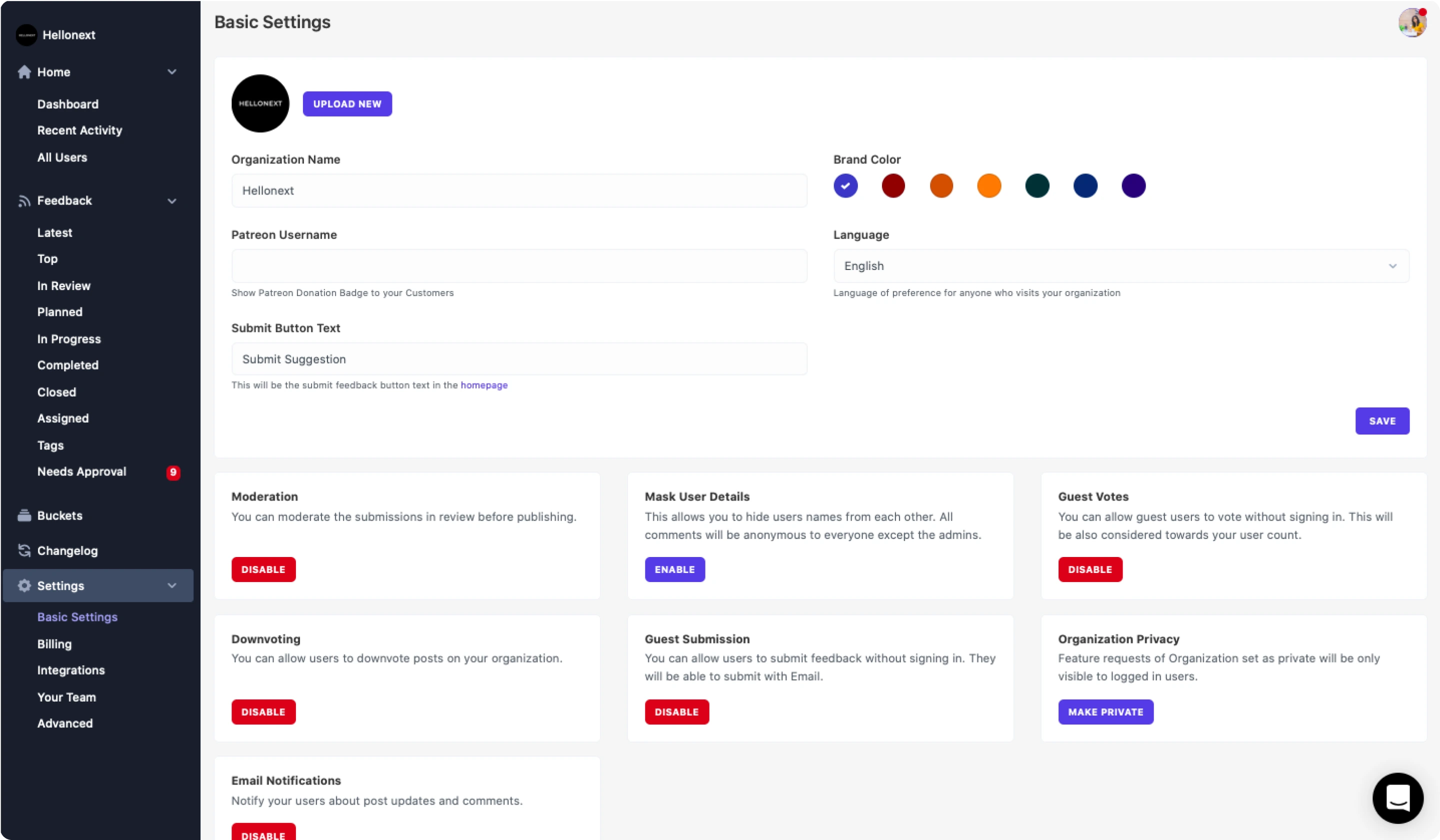 Settings page of the old Hellonext admin panel