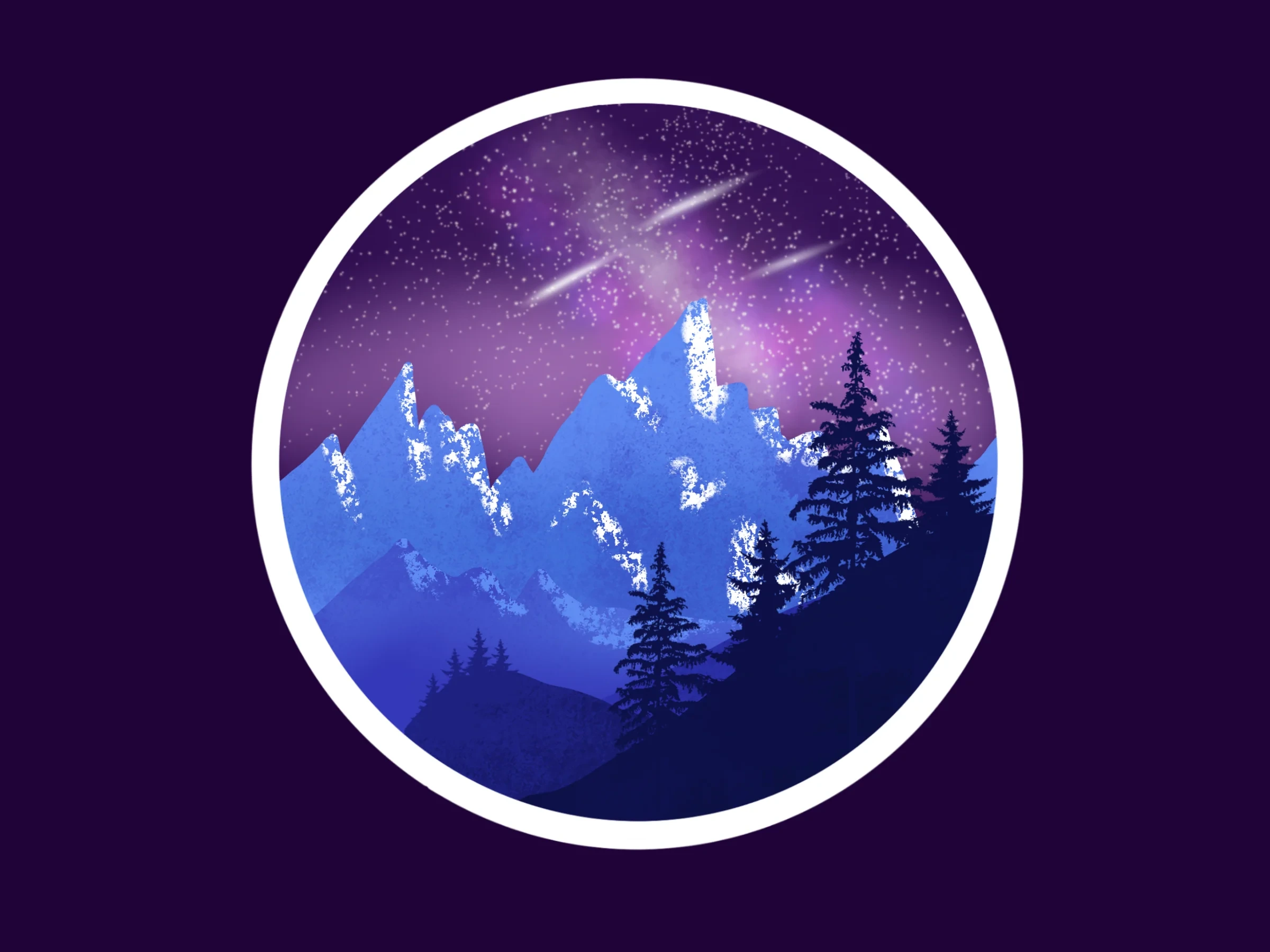 Circular mountain night-sky sticker design