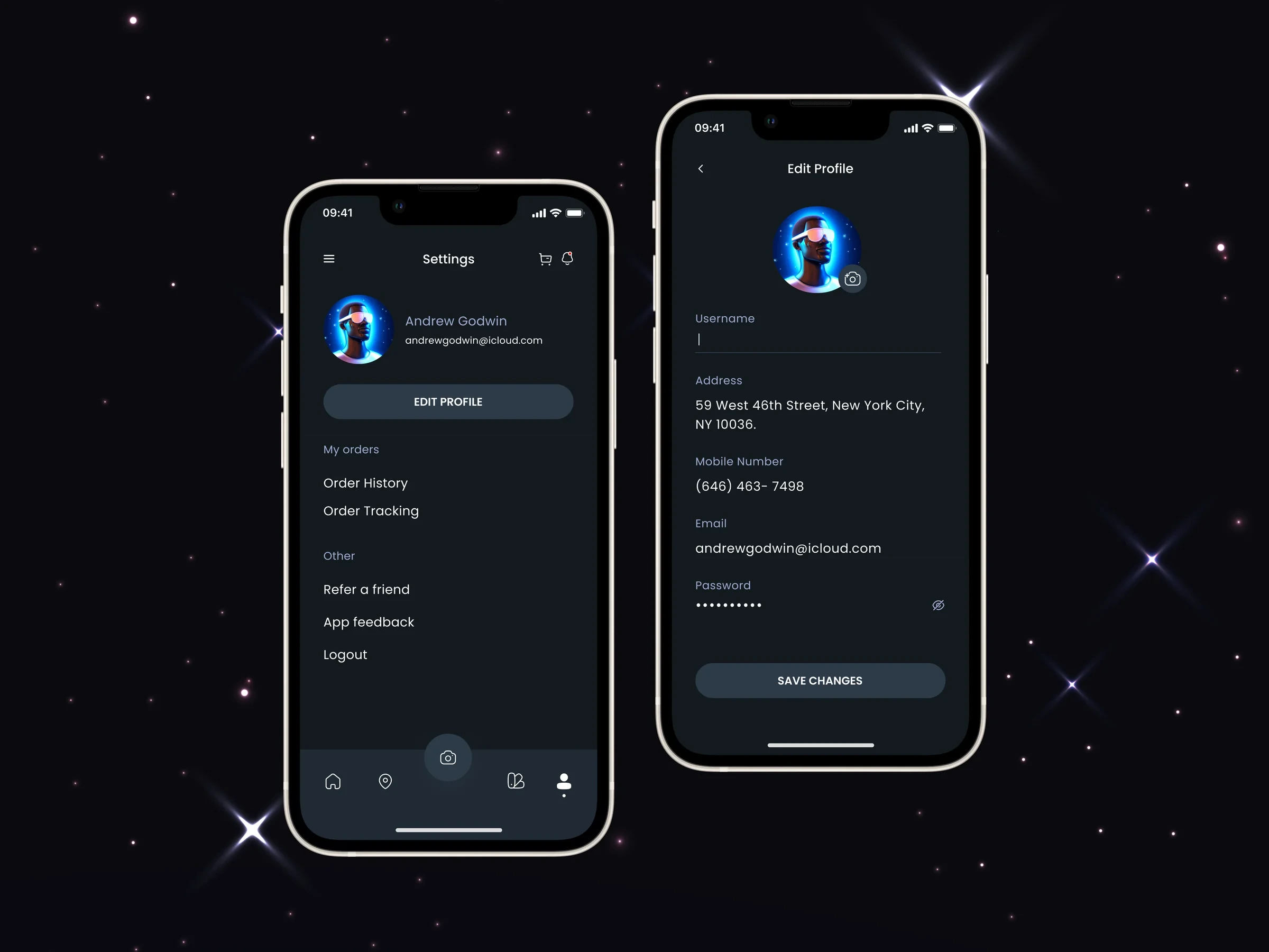 Dark-mode user profile and settings screens for a mobile app